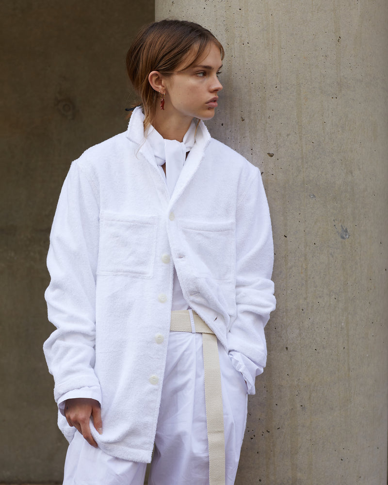 Fluffy Terry cotton button up white jacket
