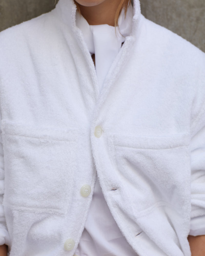 Fluffy Terry cotton button up white jacket