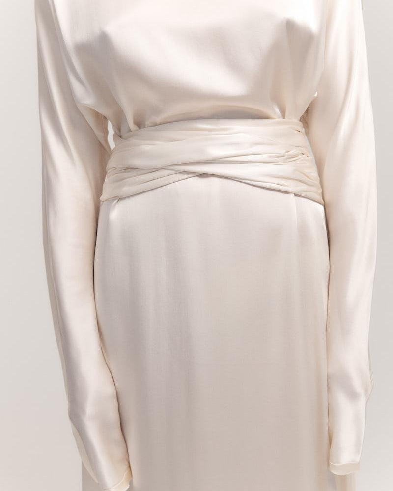 ALMA silk satin gown with wrap belt detail