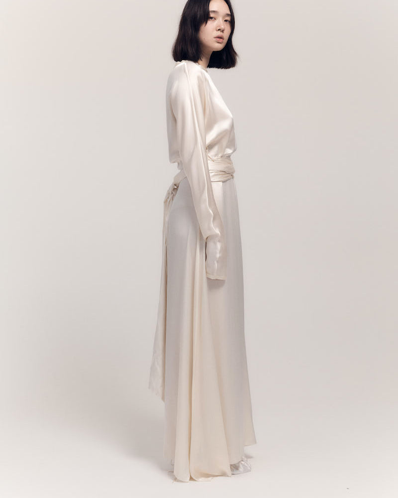 ALMA silk satin gown with wrap belt detail