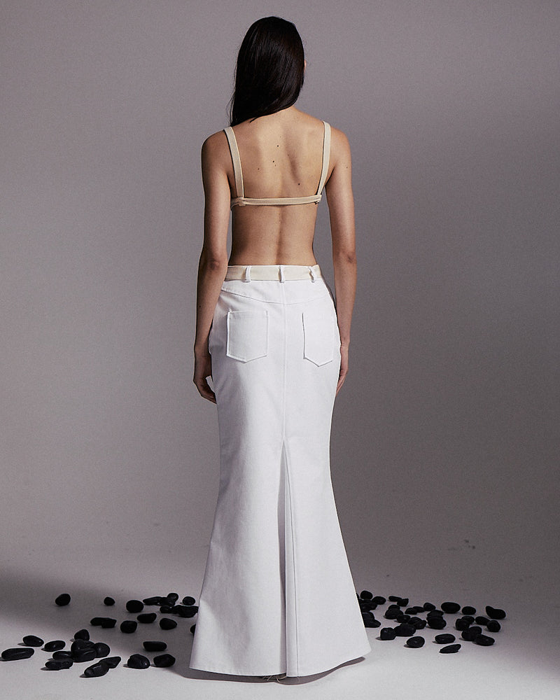 LEA triangle maxi skirt in white denim