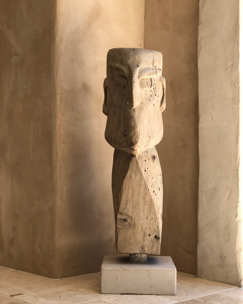 "JAVIER" abstract head sculpture on custom base by Wood Sculptor artist KC Vidur